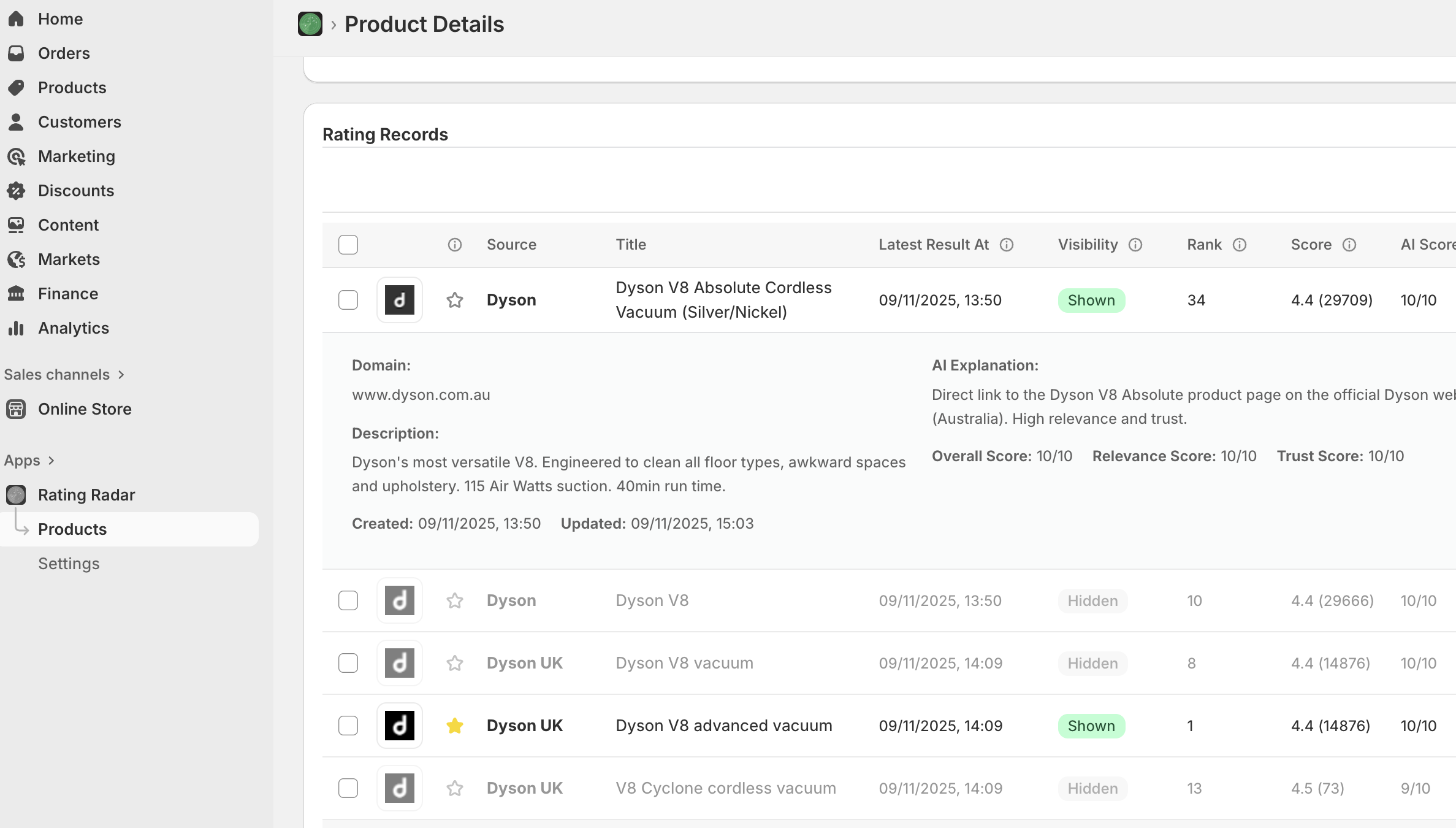 Rating Radar Shopify Embedded App Interface